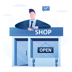 New offline startup launch. Entrepreneur opening shop. Retail business development. Business project, new fashion store or boutique building.