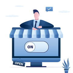 New digital startup launch. Entrepreneur push start button and opening online shop. New retail business development. Innovation technology, business project, internet store.