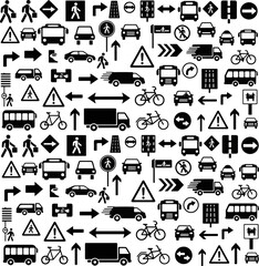 Seamless pattern of black and white traffic signs and transportation symbols.