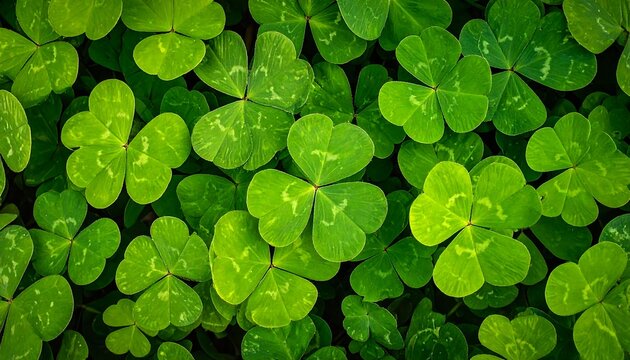 Lush green shamrocks fill frame, leaves radiating light. Soft shadows add depth. Texture clear & natural