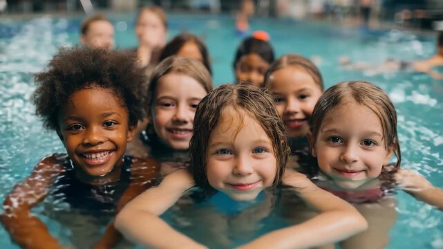 Diverse group of young children having fun during swimming lessons in a bright pool setting