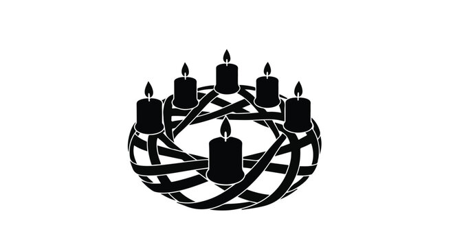 Black and white illustration of a seven-branched Advent wreath with lit candles on a white background.
