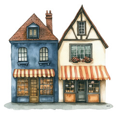 Shops with striped awnings on transparent background