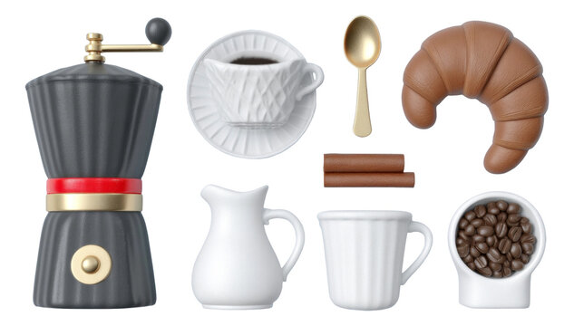 Isolated Still Life of Coffee Maker, Cup, Croissant, Beans, and Spoon on Transparent Background