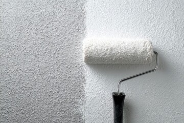 Fototapeta premium A clean paint roller applies a fresh coat of bright white paint to a textured wall, creating a distinct visual line between the newly covered surface and the original, unpainted section. This dynamic 