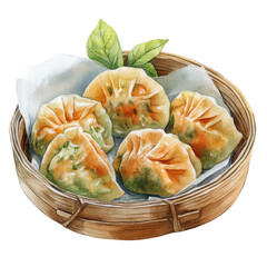 Dumplings in bamboo basket on transparent background