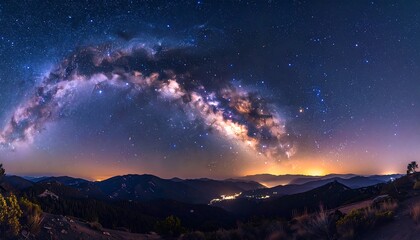 Panoramic night scene of the Milky Way galaxy over a mountainous landscape with city lights in the distance