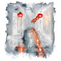 Lanterns in rainy alley on transparent background