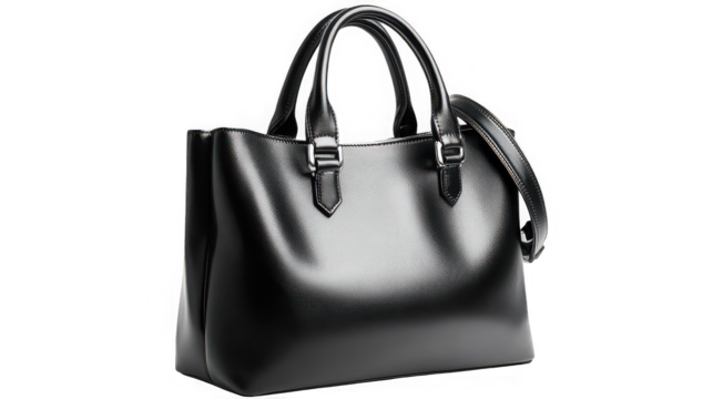 Elegant and Structured Black Leather Handbag with a Polished Finish and Silver-Tone Hardware, Ideal for Professional Business Use, Fashion, and as a Timeless Luxury Accessory on a White Background.