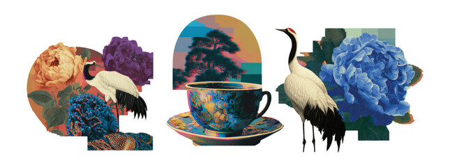 Obraz premium Retro Cutout Collage of Flowers, Crane, and Teacup on Transparent Background