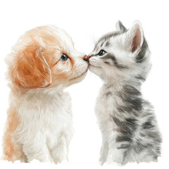 Puppy and kitten kissing on transparent background