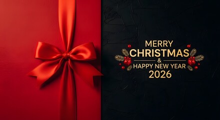 Elegant merry christmas and happy new year 2026 greeting with a luxurious red ribbon and bow on a split background