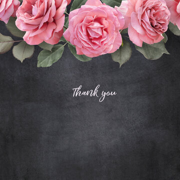Floral card with copy space. Pink roses on dark textured grange background. Bouquet of garden flowers.