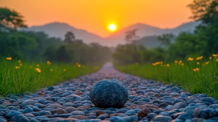 Sunrise path, stone, mountains, wildflowers
