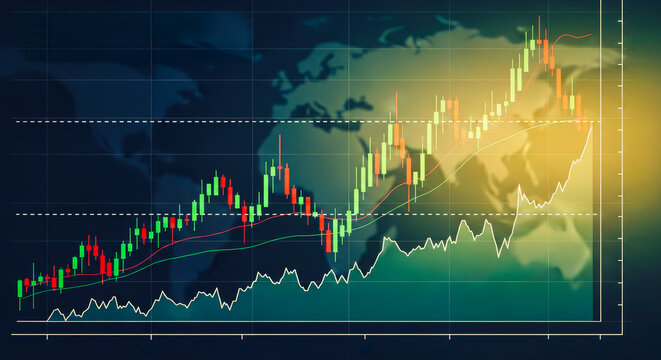 Dynamic financial growth charts, representing market trends and economic progress, are set against the backdrop of a global map. Displaying the fluctuations and the rise and fall of market values.