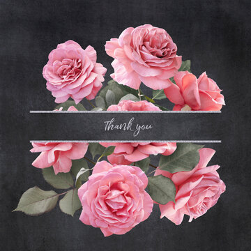 Floral card with copy space. Pink roses on dark textured grange background. Bouquet of garden flowers.