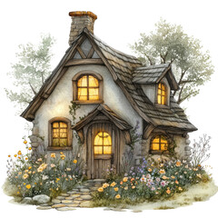 Cottage with flower patch on transparent background