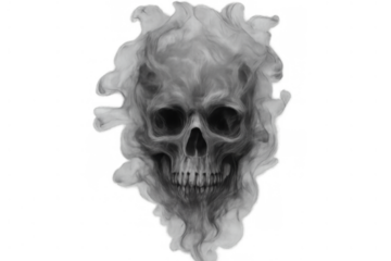 Skull head forming from dark smoke on transparent background representing death, horror, halloween, spooky, and mystery