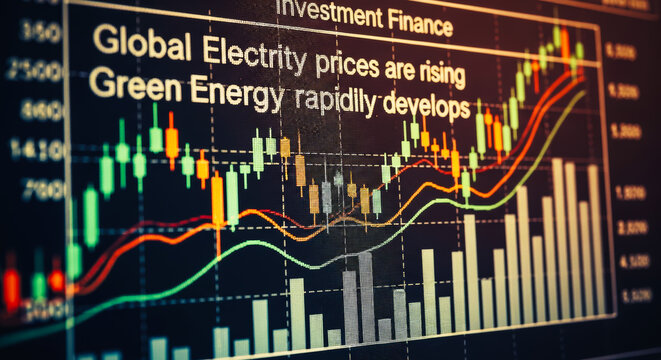 A dynamic visual representation of the energy market's evolution, with rising global electricity prices and the rapid advancement of green energy solutions.