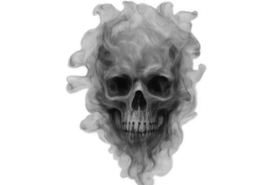 Skull head forming from dark smoke on transparent background representing death, horror, halloween, spooky, and mystery