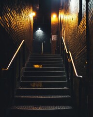 Dark, narrow stairway descending into city alleyway