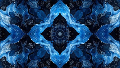 Kaleidoscopic symmetrical floral pattern with blue blooms, dark accents, creating a mystical, dreamlike aesthetic