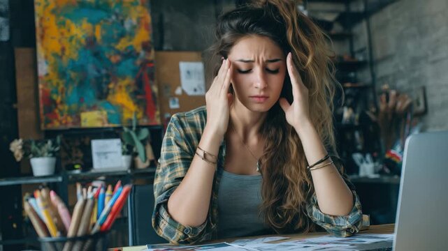 Stressed woman sits in her home office with messy hair while working on tasks and feeling overwhelmed by her responsibilities and deadlines