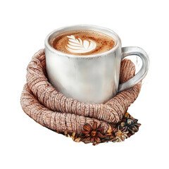 Coffee in a warm scarf on transparent background