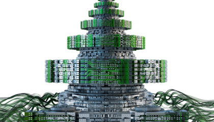 Futuristic Christmas Tree Green Circuit Board Design and Flowing Digital Wires on isolated background