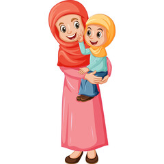 Mother Wearing Pink Dress and Red Hijab Holding Daughter in Yellow Hijab and Blue Shirt Joyful Togetherness Muslim Family Love