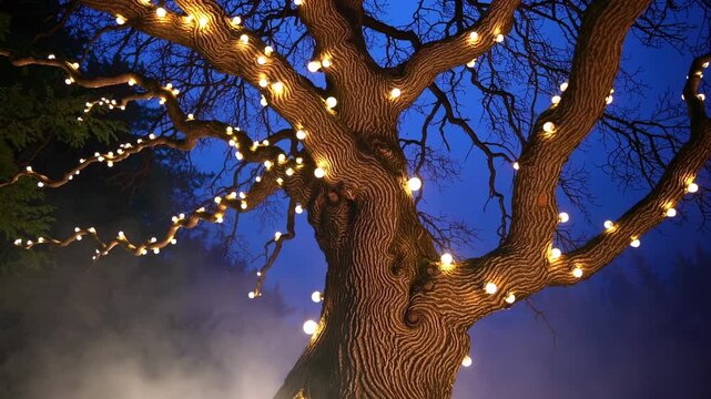 Tree wrapped with light along branch. Night setting with festival illumination and warm glow. Electric cord and decoration for holiday display. Mist around trunk. Bulb pattern adds texture and depth.