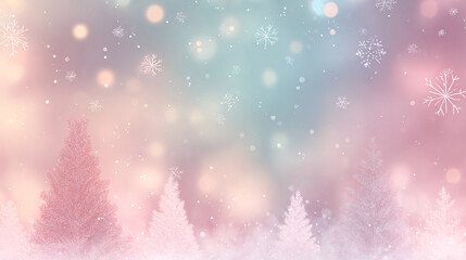 Naklejka premium Pastel Christmas background with soft pink and mint tones, minimal tree silhouettes, snowflakes, and glowing bokeh lights 