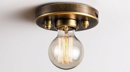 Ceiling lamp Edison bulb hanging from bronze-colored, circular mount, against off-white wall