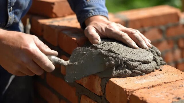 Close-up of a worker's hands using a metal trowel to apply wet cement mortar onto a row of red bricks during construction of a wall. Bright outdoor lighting and blurred background.