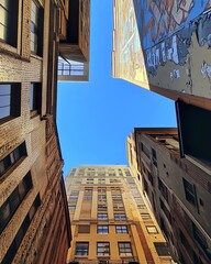 Looking up at buildings in a city alleyway. Sunlight highlights the facades