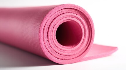 Rolled-up pink exercise mat.  Close-up, studio shot