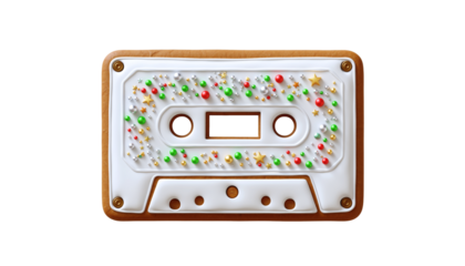 Sweet Holiday Jams Gingerbread Cassette Tape Cookie with Festive Christmas Icing and Colorful Sprinkles isolated background