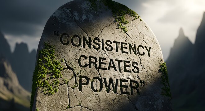 A large stone monument with the motivational quote 'Consistency Creates Power' engraved on it, set against a dramatic cloudy sky and mountainous landscape background