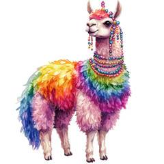 Rainbow llama portrait on transparent background