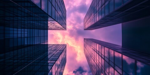 Modern skyscrapers at sunset, reflecting clouds