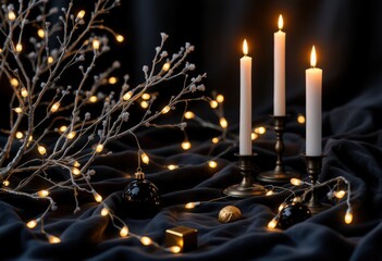 Warm candlelight and Christmas lights on dark fabric background