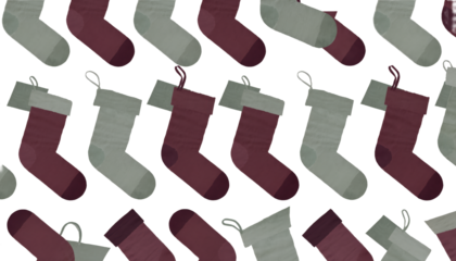 Contemporary Christmas Stockings socks Seamless Pattern with Muted Sage Green and Burgundy Hues isolated background