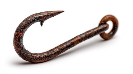 Fototapeta premium A close-up photo shows a large, heavily rusted hook with a sharp point, shank, and eye, likely for fishing, isolated on white