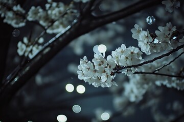 Nighttime blossoms. Soft, muted nighttime shot of delicate white cherry blossoms, in focus, against dark branches and out-of-focus city lights