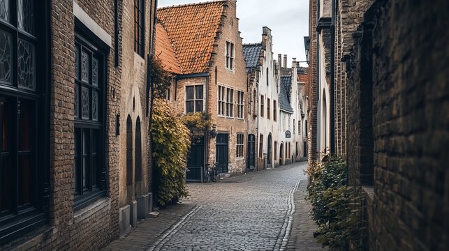 Narrow, cobblestone alleyway between historic European buildings - Powered by Adobe