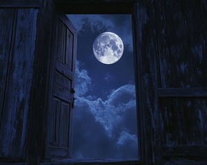 Open wooden door to night sky with full moon