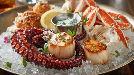 Assorted seafood platter on crushed ice, including octopus, scallops, crab legs, & lemon slice