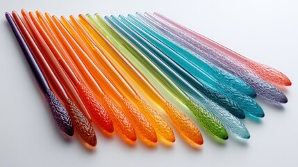 Colorful, slender glass rods, arranged in a rainbow spectrum.  Each rod features a textured, bulbous tip