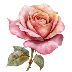 A pink watercolor rose on transparent background