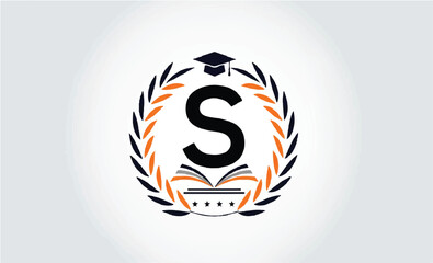 Letter S logo with laurel wreath, graduation cap and book